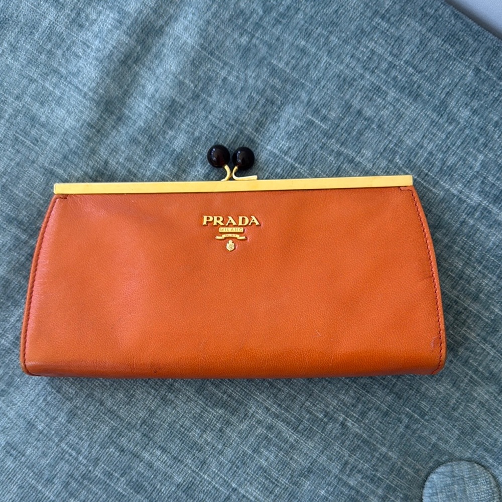 Prada Orange Leather Wallet Clutch with Kiss-Lock Closure